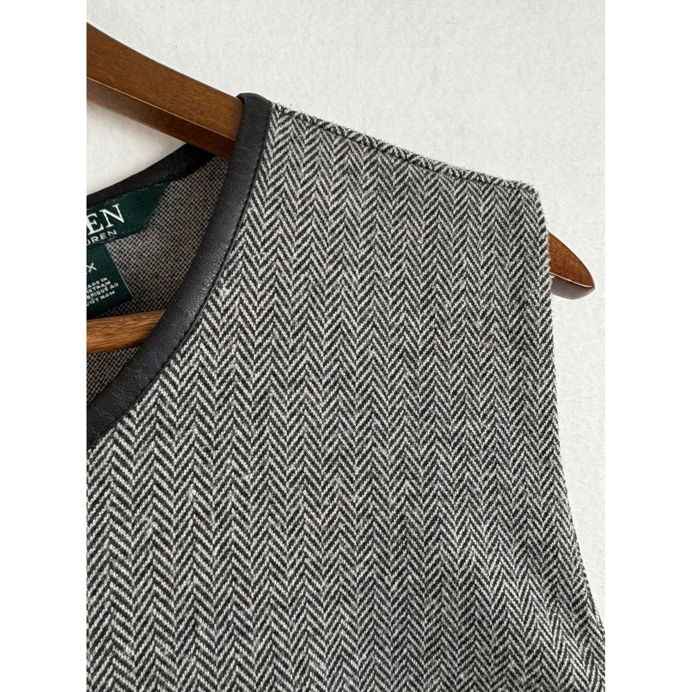 Lauren Ralph Lauren Women Gray Herringbone Sleeveless Dress Faux Leather Trim 2X